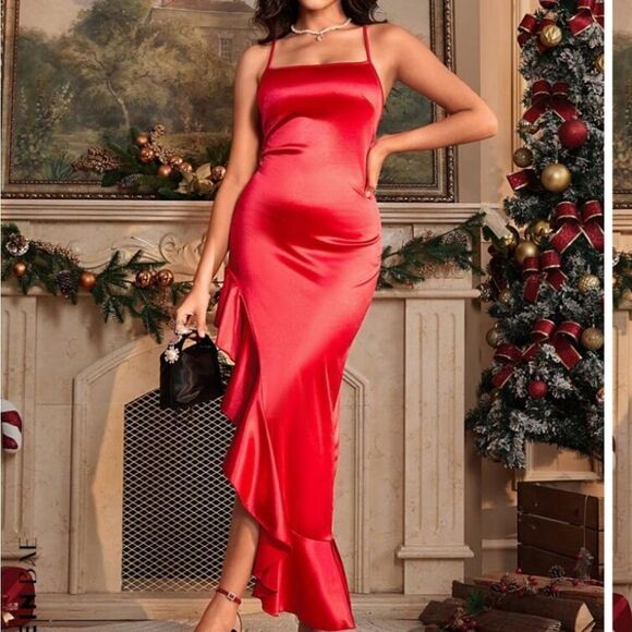 BRAND NEW CRYSTAL DOLL  BAE RUFFLE HEM SATIN SLEEVELESS DRESS - Picture 11 of 16